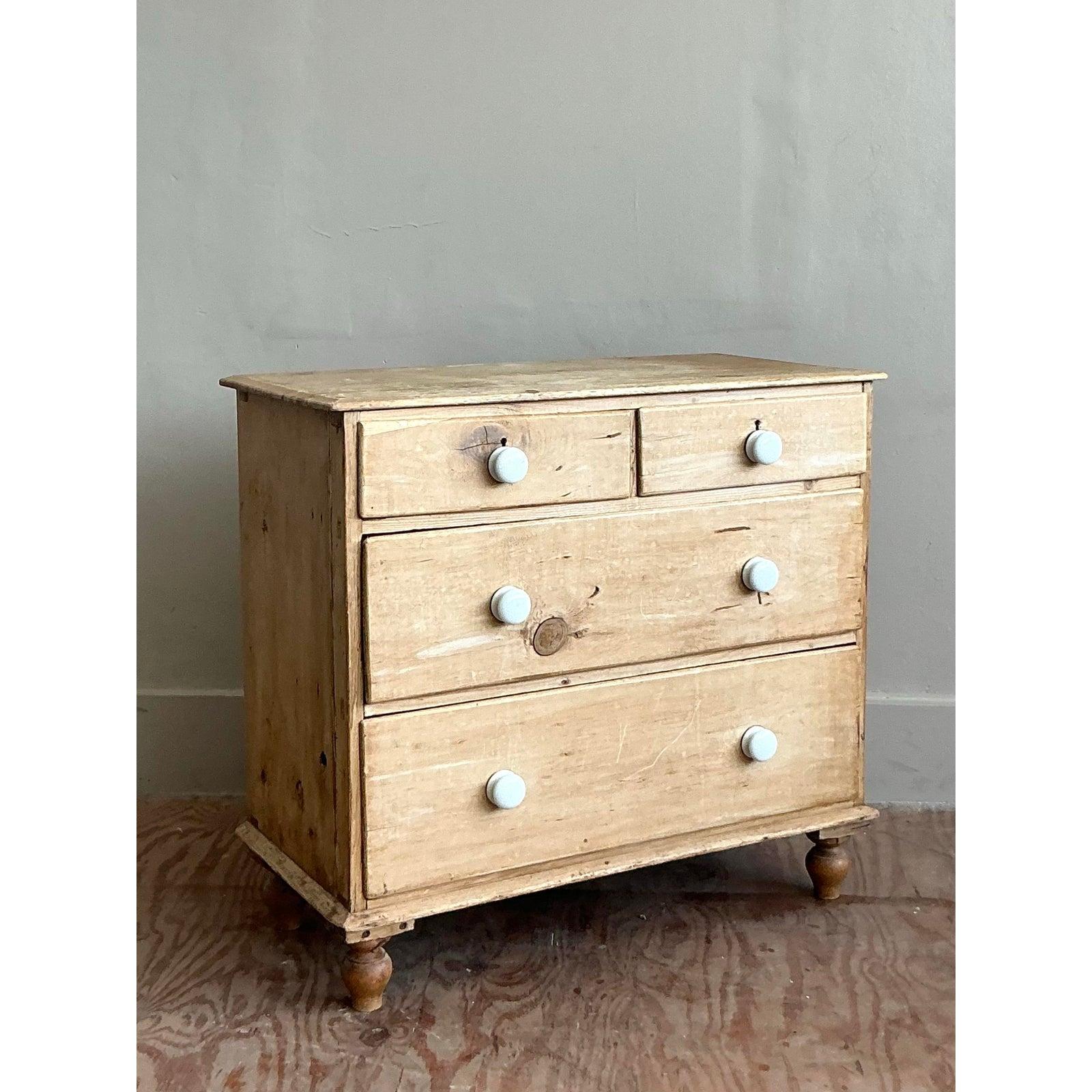 Ceramic Vintage Boho Primitive Pine Chest of Drawers For Sale