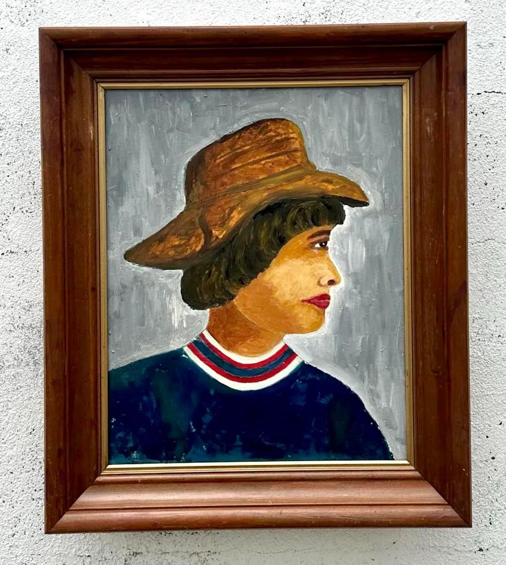 A fabulous vintage Boho original oil painting on canvas. A chic primitive composition of a young woman.