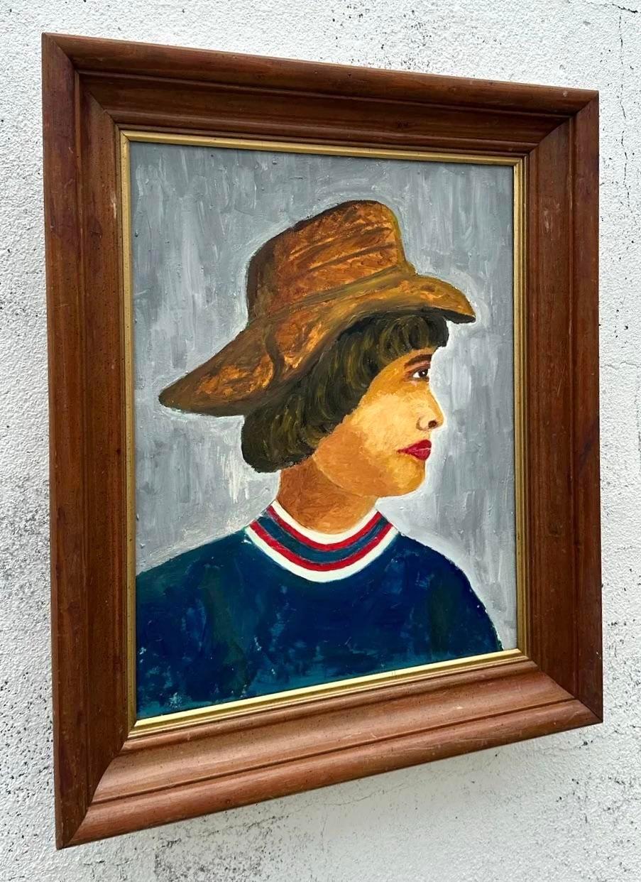 Bohemian Vintage Boho Primitive Portrait of Women Oil Painting on Canvas For Sale