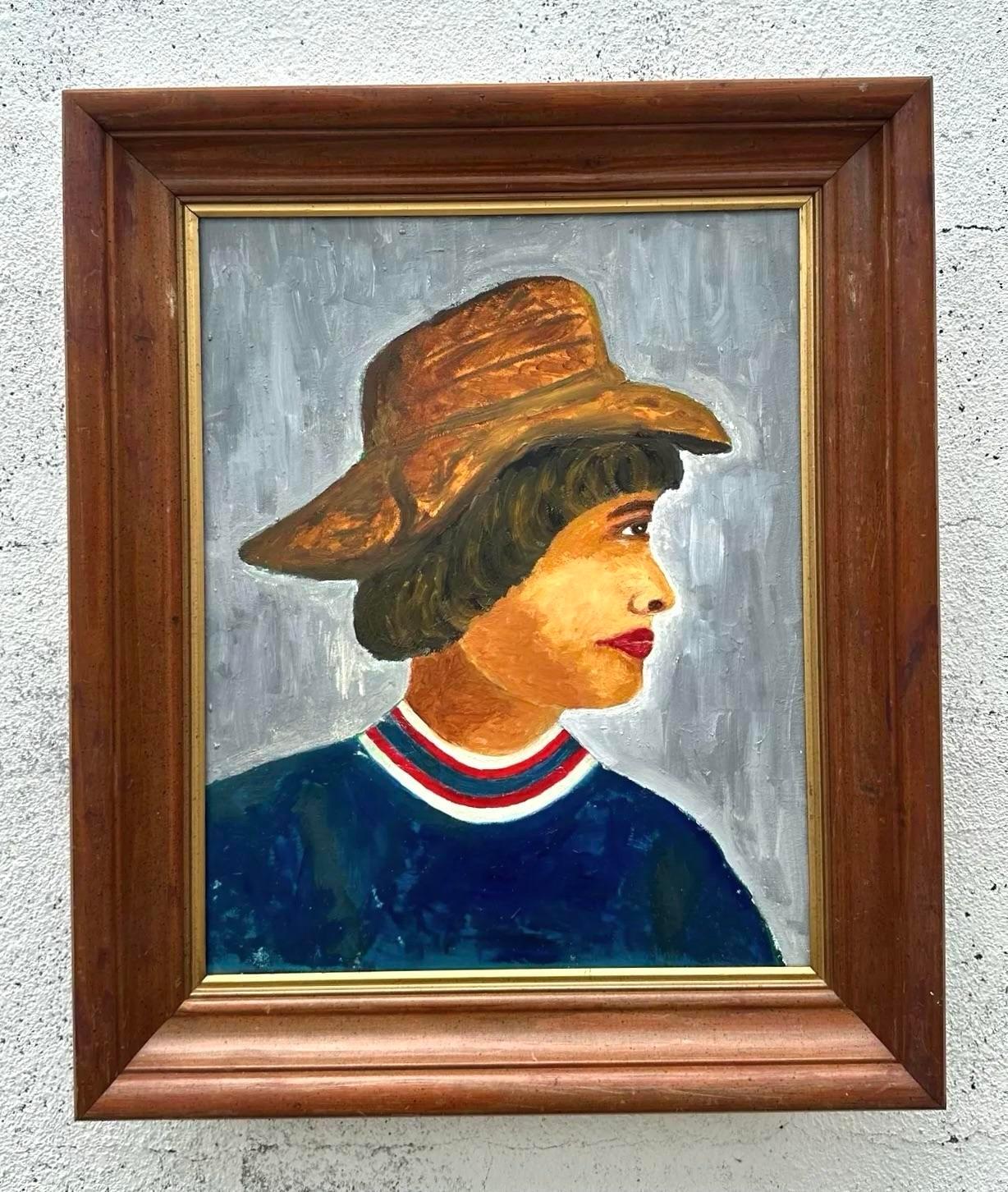 Vintage Boho Primitive Portrait of Women Oil Painting on Canvas In Good Condition For Sale In west palm beach, FL
