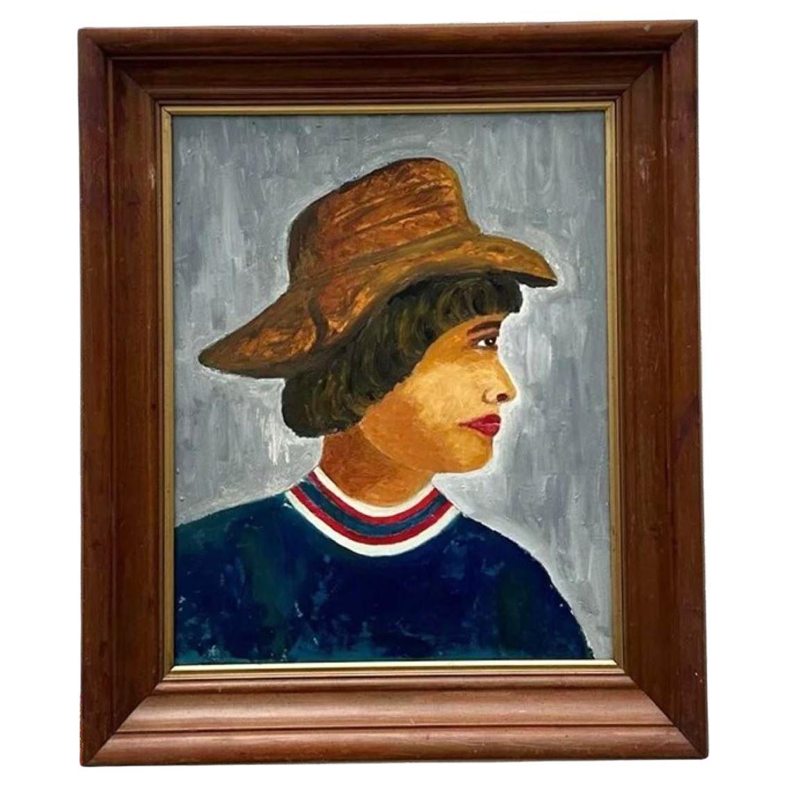 Vintage Boho Primitive Portrait of Women Oil Painting on Canvas For Sale