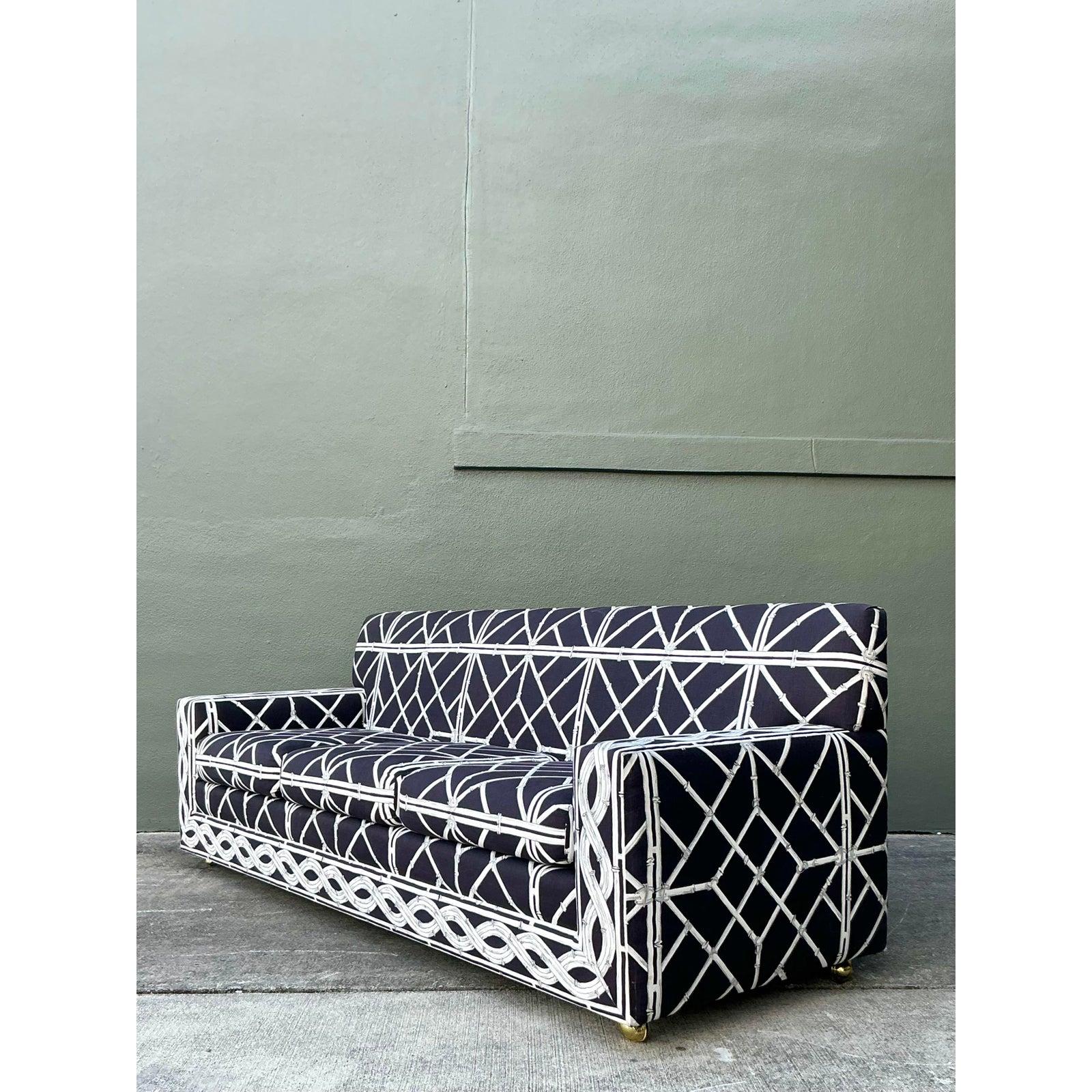 Vintage Boho gedruckt Bambus Sofa im Zustand „Gut“ im Angebot in West Palm Beach, FL