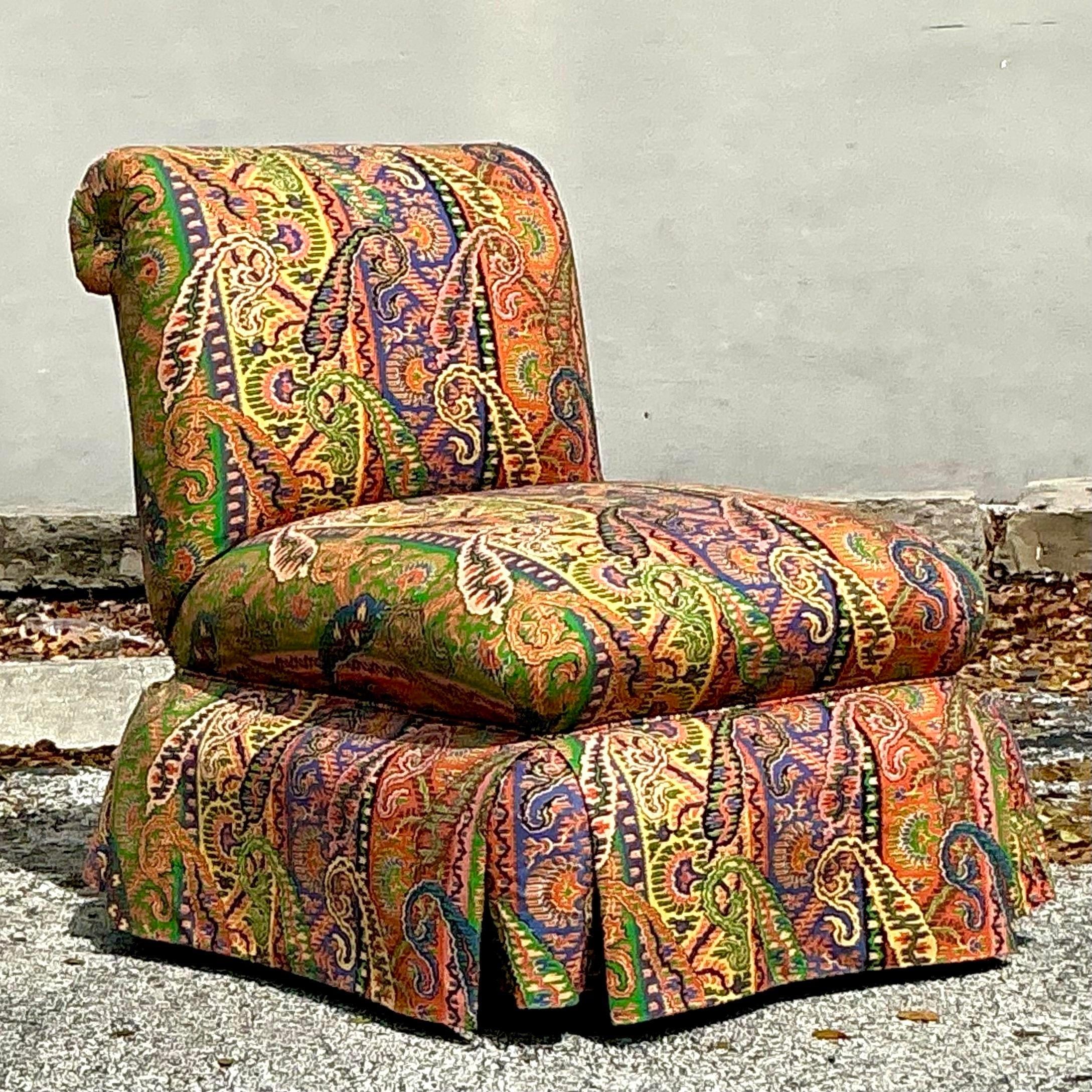 Vintage Boho Printed Paisley Slipper Chair In Good Condition In west palm beach, FL