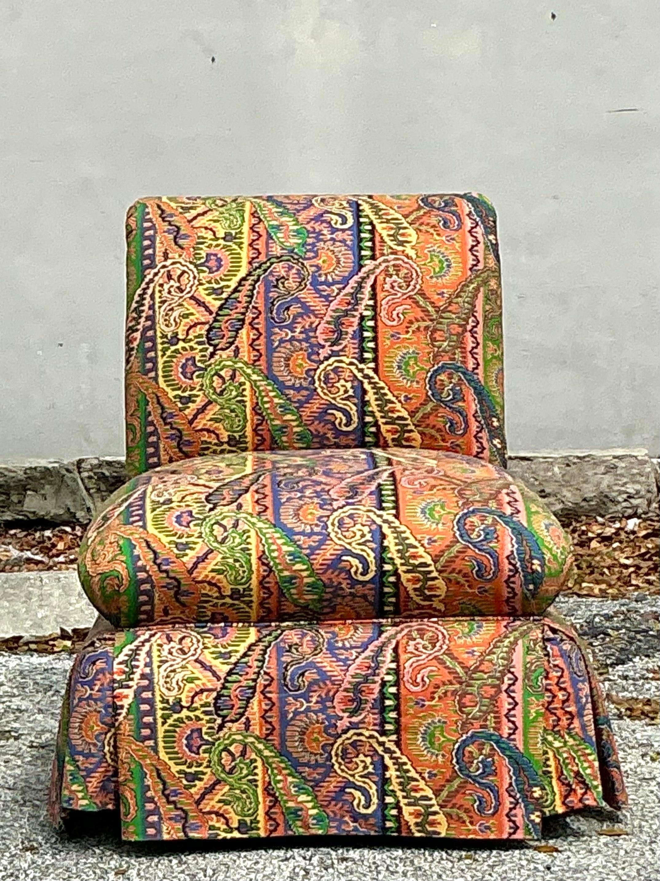 20th Century Vintage Boho Printed Paisley Slipper Chair
