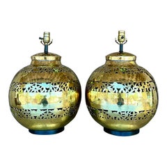 Vintage Boho Punch Cut Boho Brass Globe Lamps, a Pair