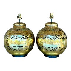 Vintage Boho Punch Cut Boho Brass Globe Lamps, a Pair Vintage Boho Punch Cut Boho Brass Globe Lamps, a Pair