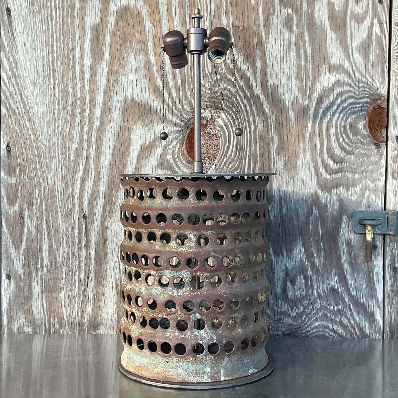 North American Vintage Boho Punch Cut Cylinder Lamp For Sale