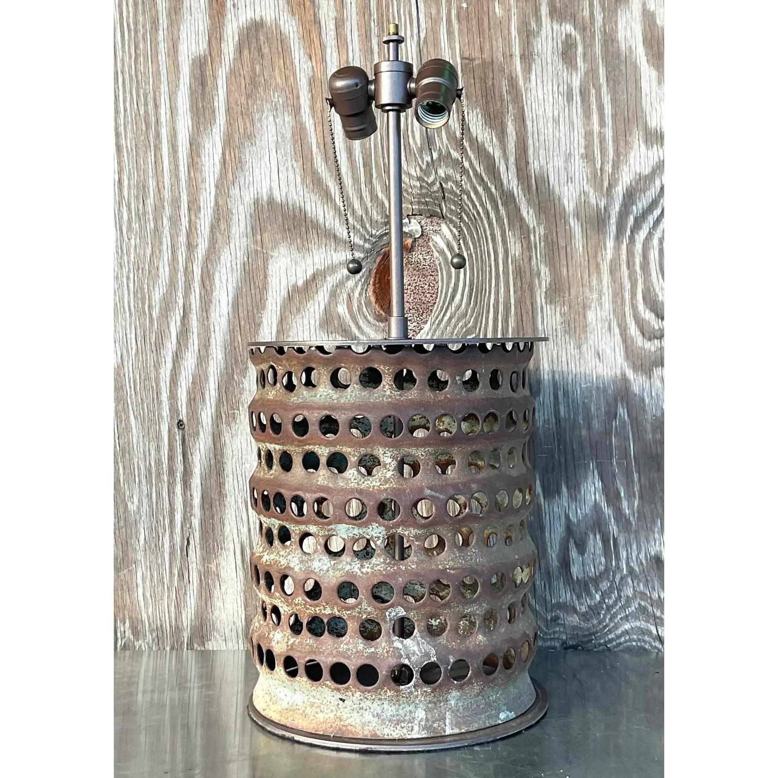 Vintage Boho Punch Cut Cylinder Lamp In Good Condition For Sale In west palm beach, FL