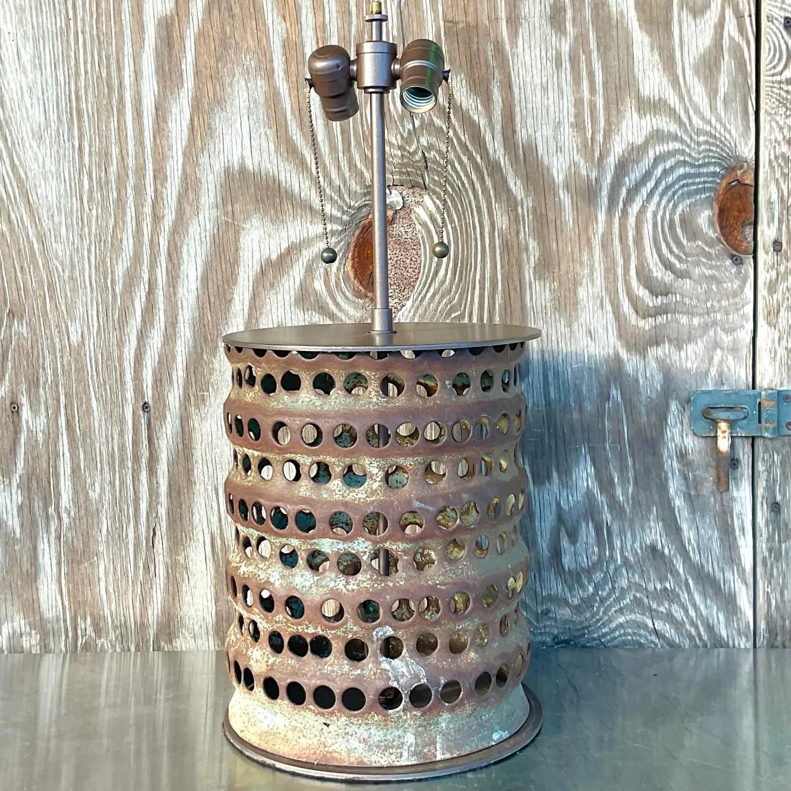 20th Century Vintage Boho Punch Cut Cylinder Lamp For Sale
