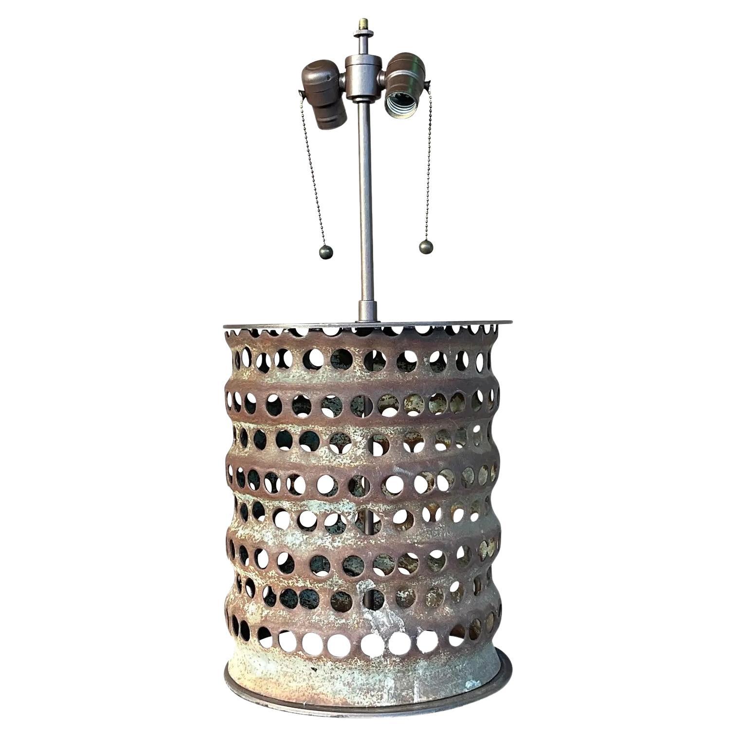 Vintage Boho Punch Cut Cylinder Lamp For Sale