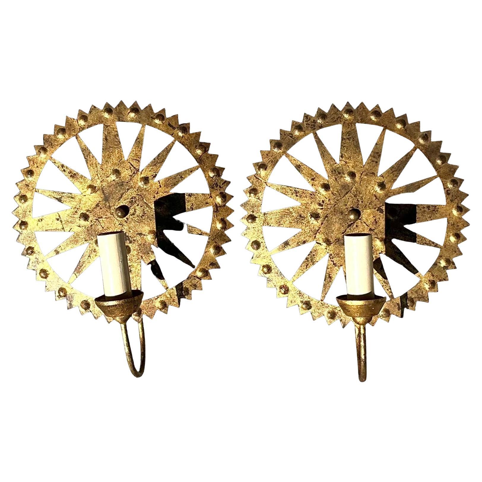 Vintage Boho Punch Cut Gilt Light Sconces - a Pair