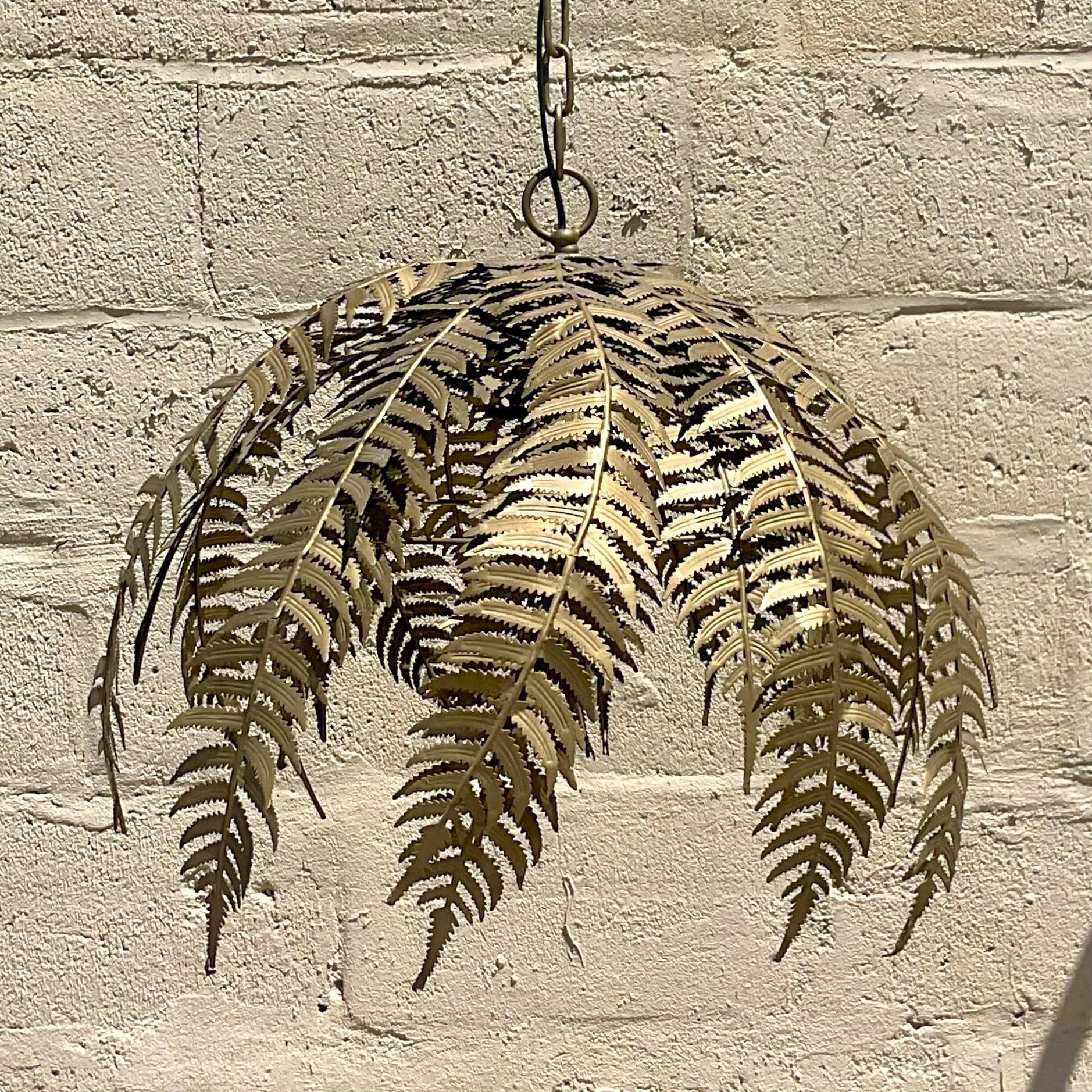 Vintage Boho Punch Cut Metal Fern Chandelier For Sale at 1stDibs