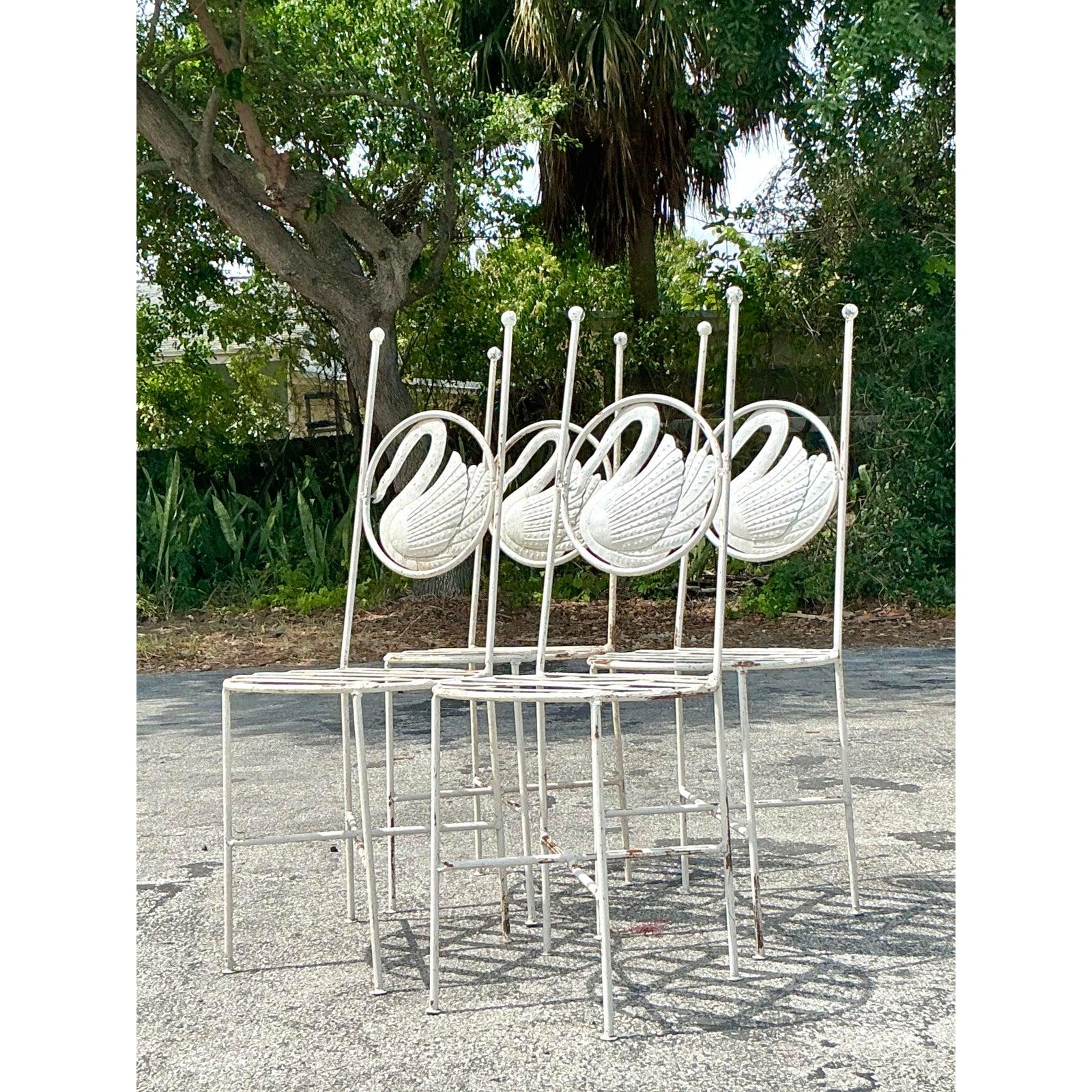 Vintage Boho Punch Cut Metal Swan Dining Chairs - Set of 4 6