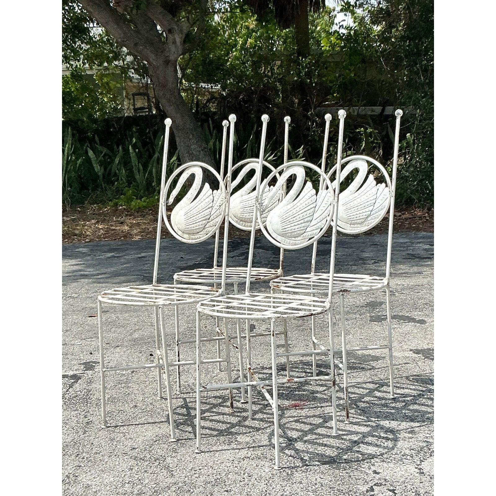Vintage Boho Punch Cut Metal Swan Dining Chairs - Set of 4 7