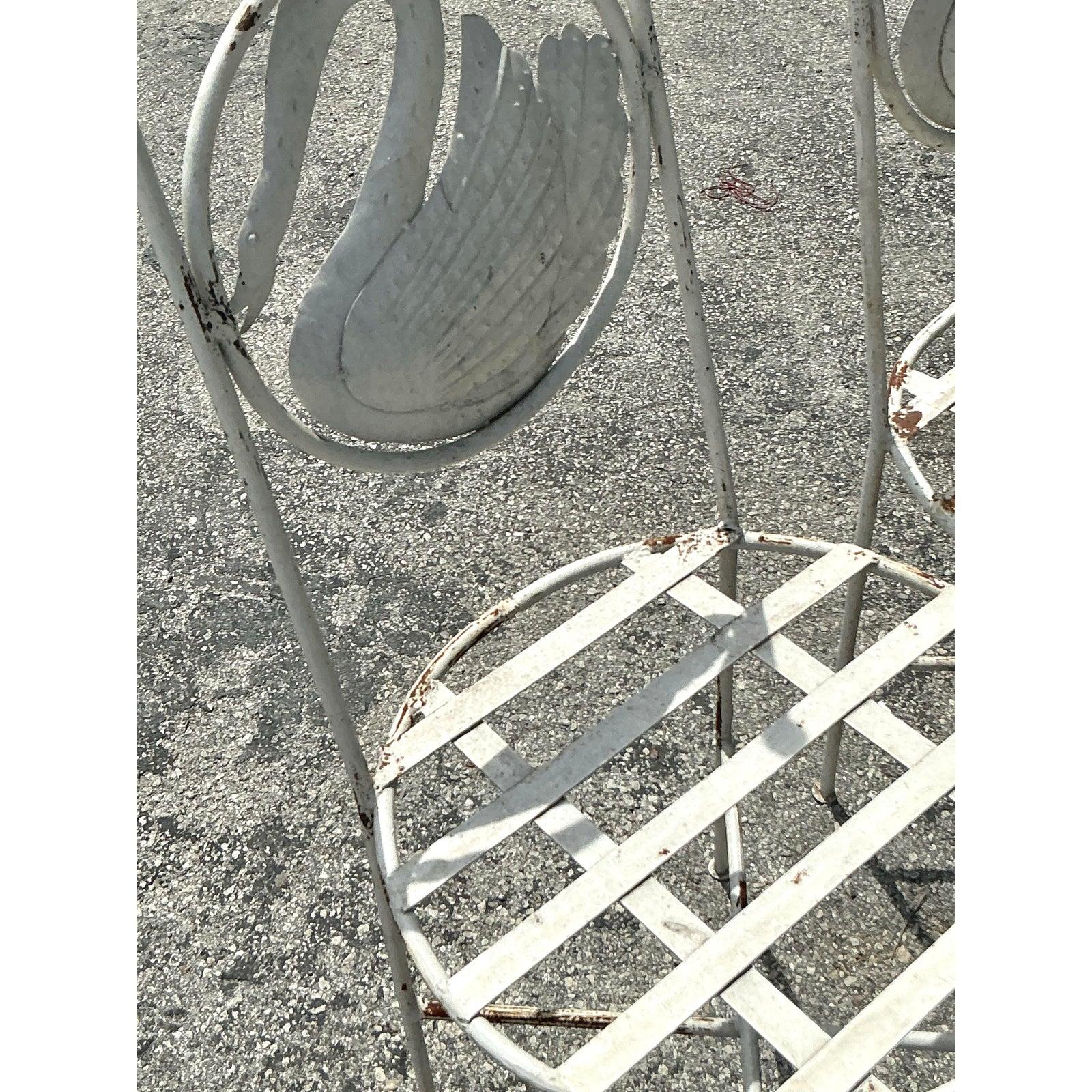 Vintage Boho Punch Cut Metal Swan Dining Chairs - Set of 4 In Good Condition In West Palm Beach, FL