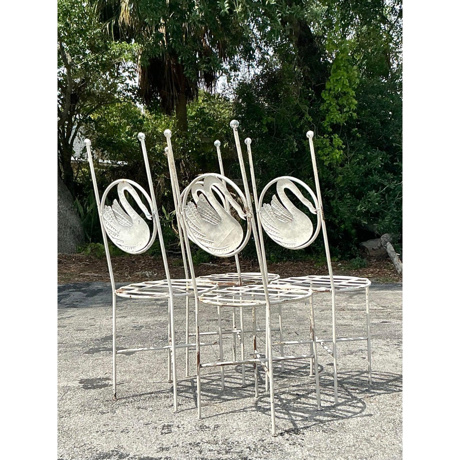 20th Century Vintage Boho Punch Cut Metal Swan Dining Chairs - Set of 4