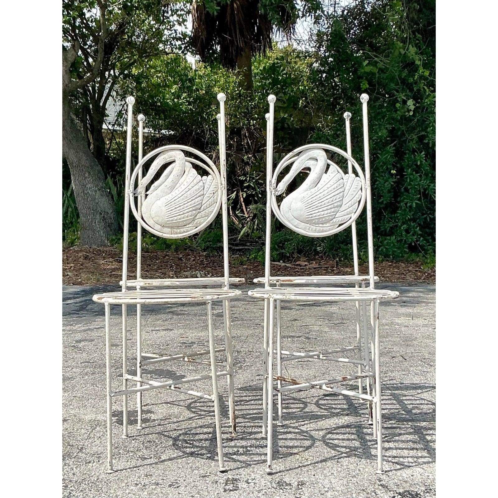 Vintage Boho Punch Cut Metal Swan Dining Chairs - Set of 4 3