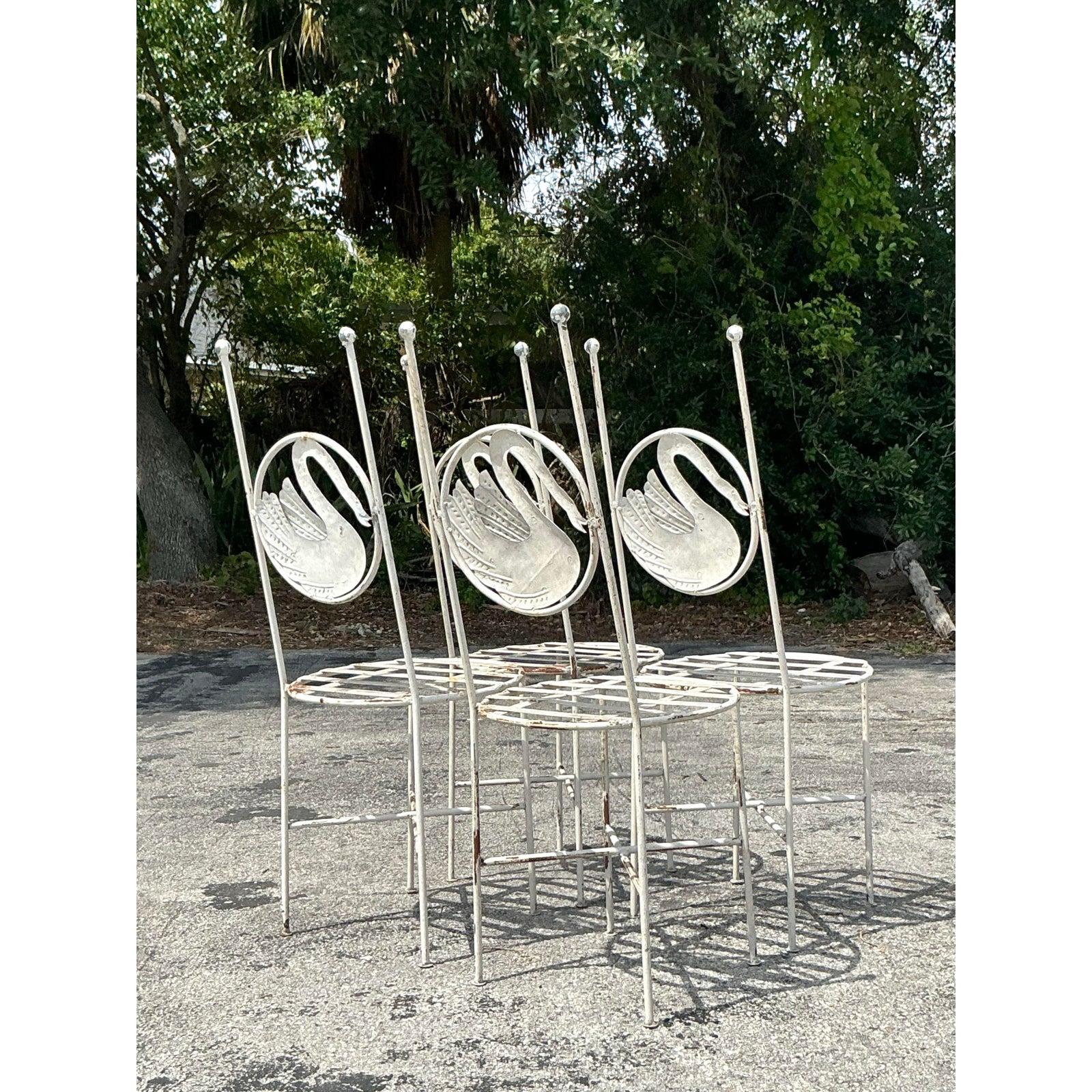 Vintage Boho Punch Cut Metal Swan Dining Chairs - Set of 4 4