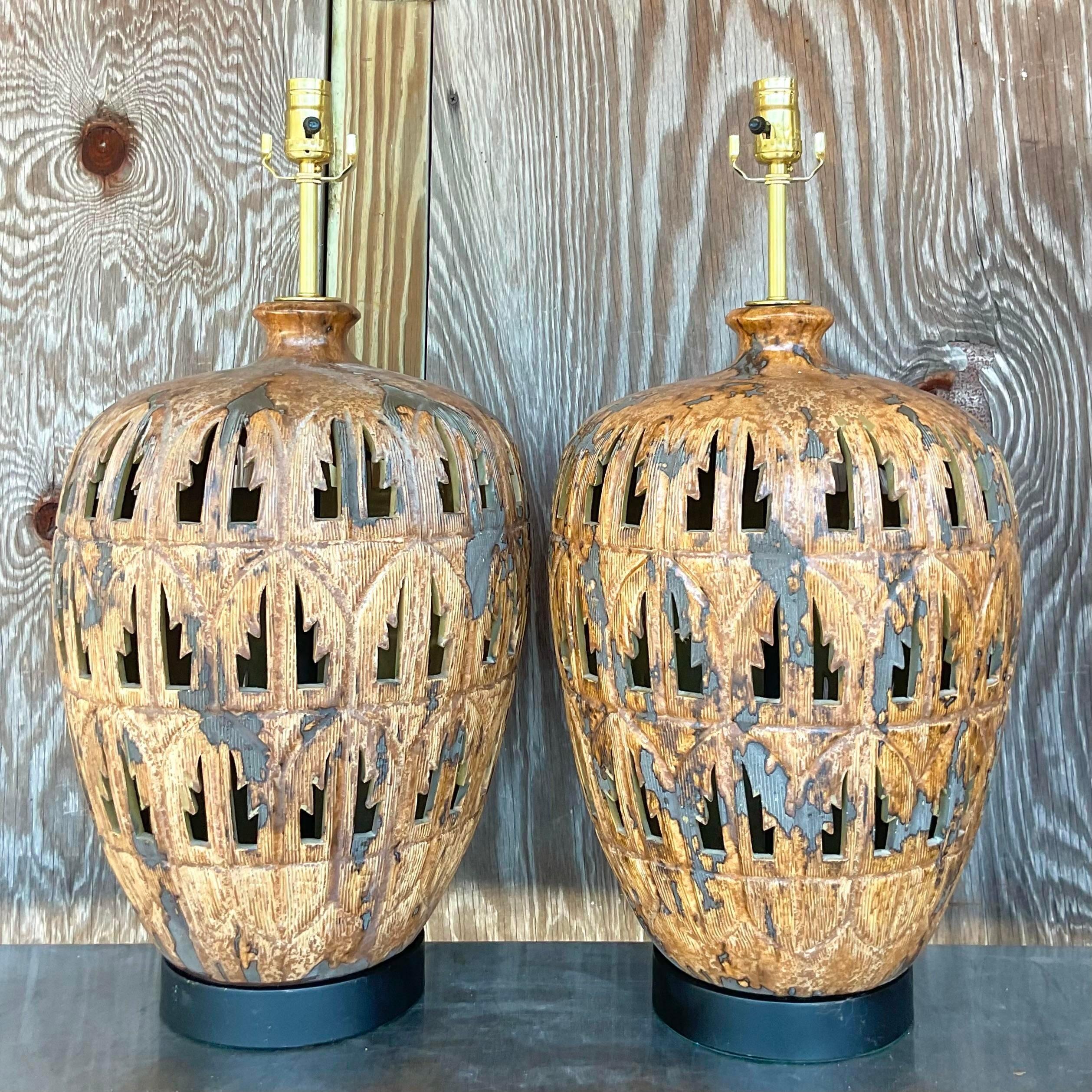 American Vintage Boho Punch Cut Palm Frond Ceramic Table Lamps - a Pair For Sale