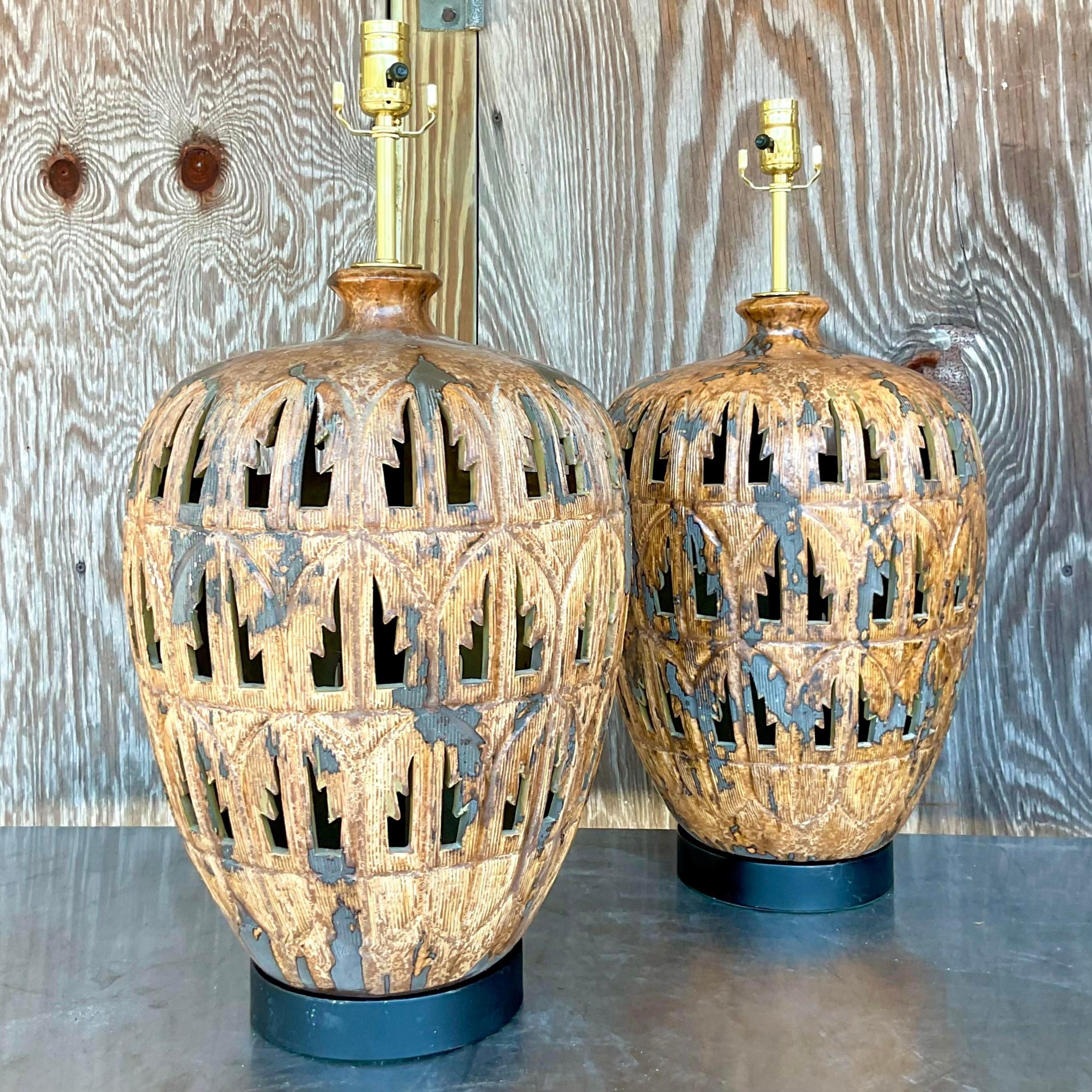 Vintage Boho Punch Cut Palm Frond Ceramic Table Lamps - a Pair In Good Condition For Sale In west palm beach, FL