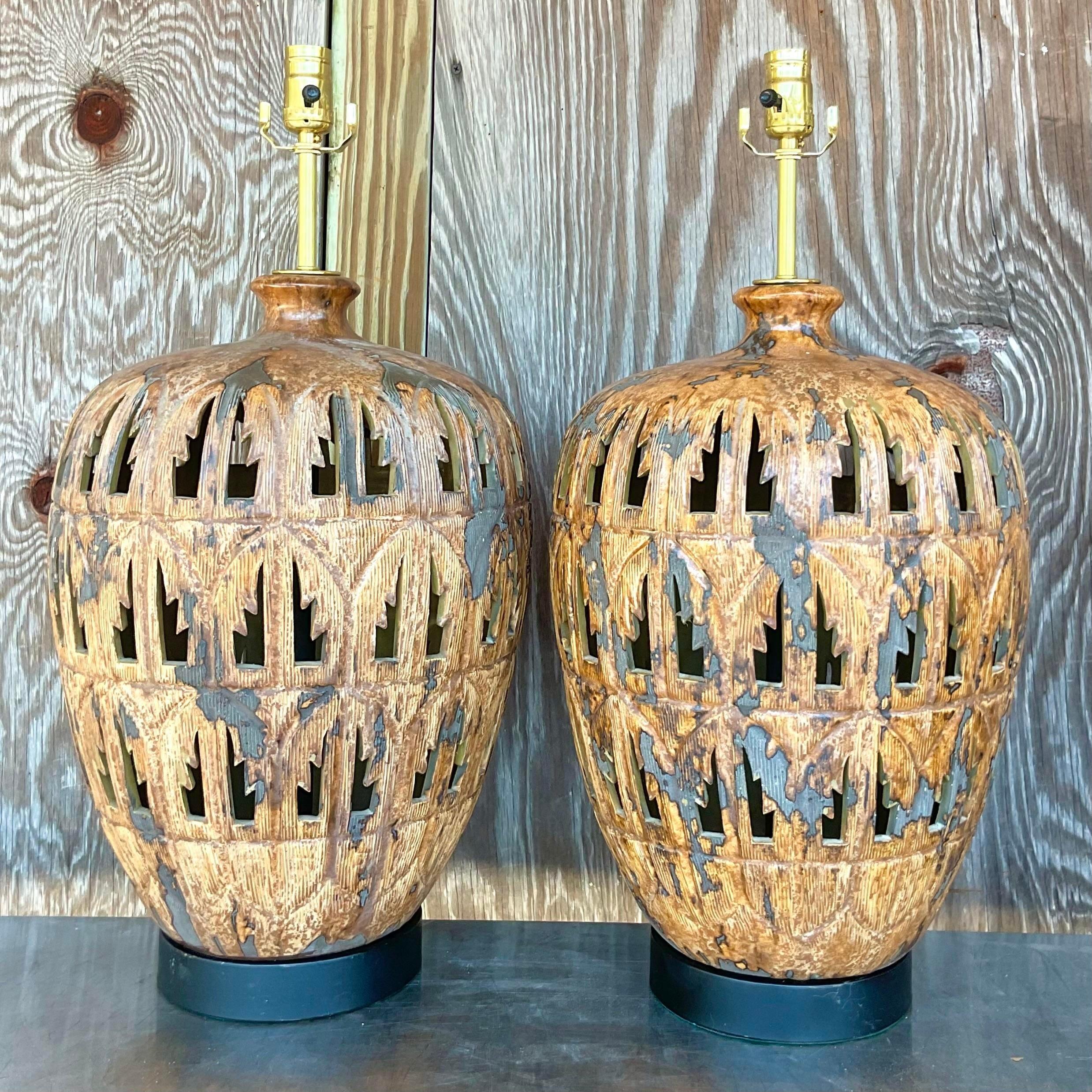 20th Century Vintage Boho Punch Cut Palm Frond Ceramic Table Lamps - a Pair For Sale