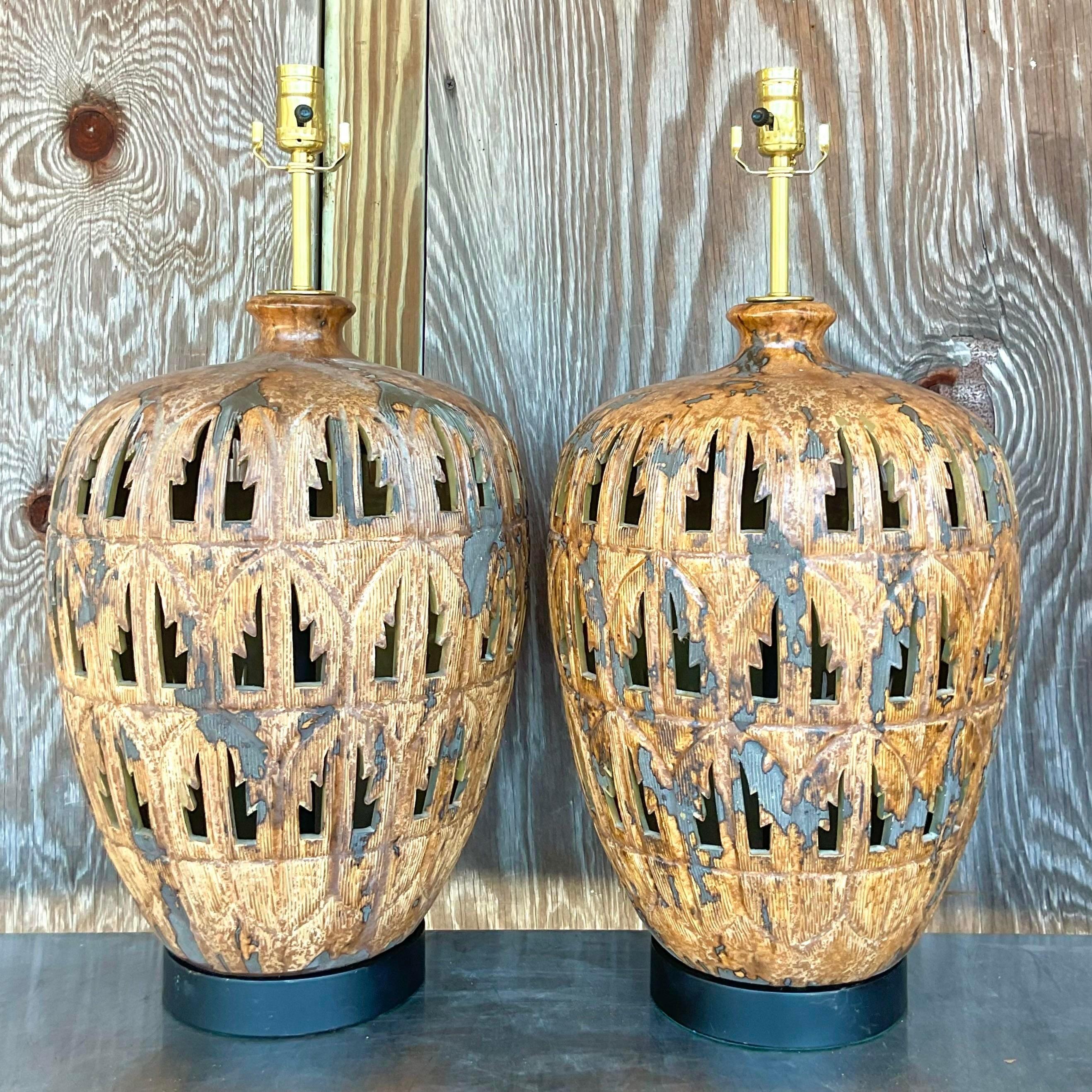 Metal Vintage Boho Punch Cut Palm Frond Ceramic Table Lamps - a Pair For Sale