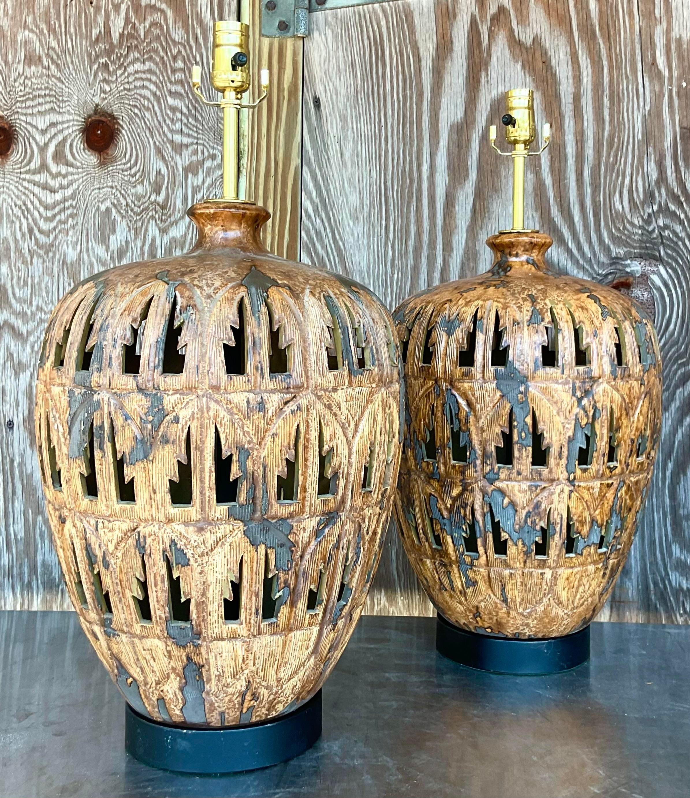 Vintage Boho Punch Cut Palm Frond Ceramic Table Lamps - a Pair For Sale 1