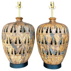 Vintage Boho Punch Cut Palm Frond Ceramic Table Lamps - a Pair
