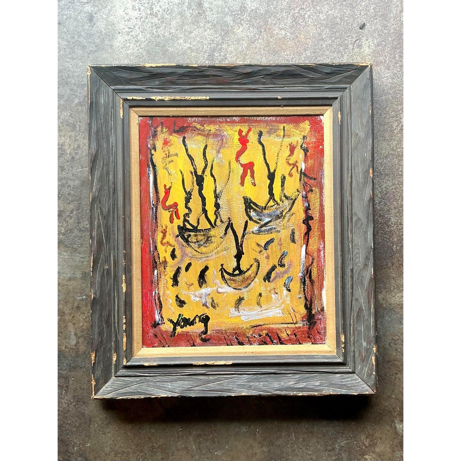 Vintage Boho Purvis Young Abstract Figurative Oil on Canvas (Volkskunst) im Angebot