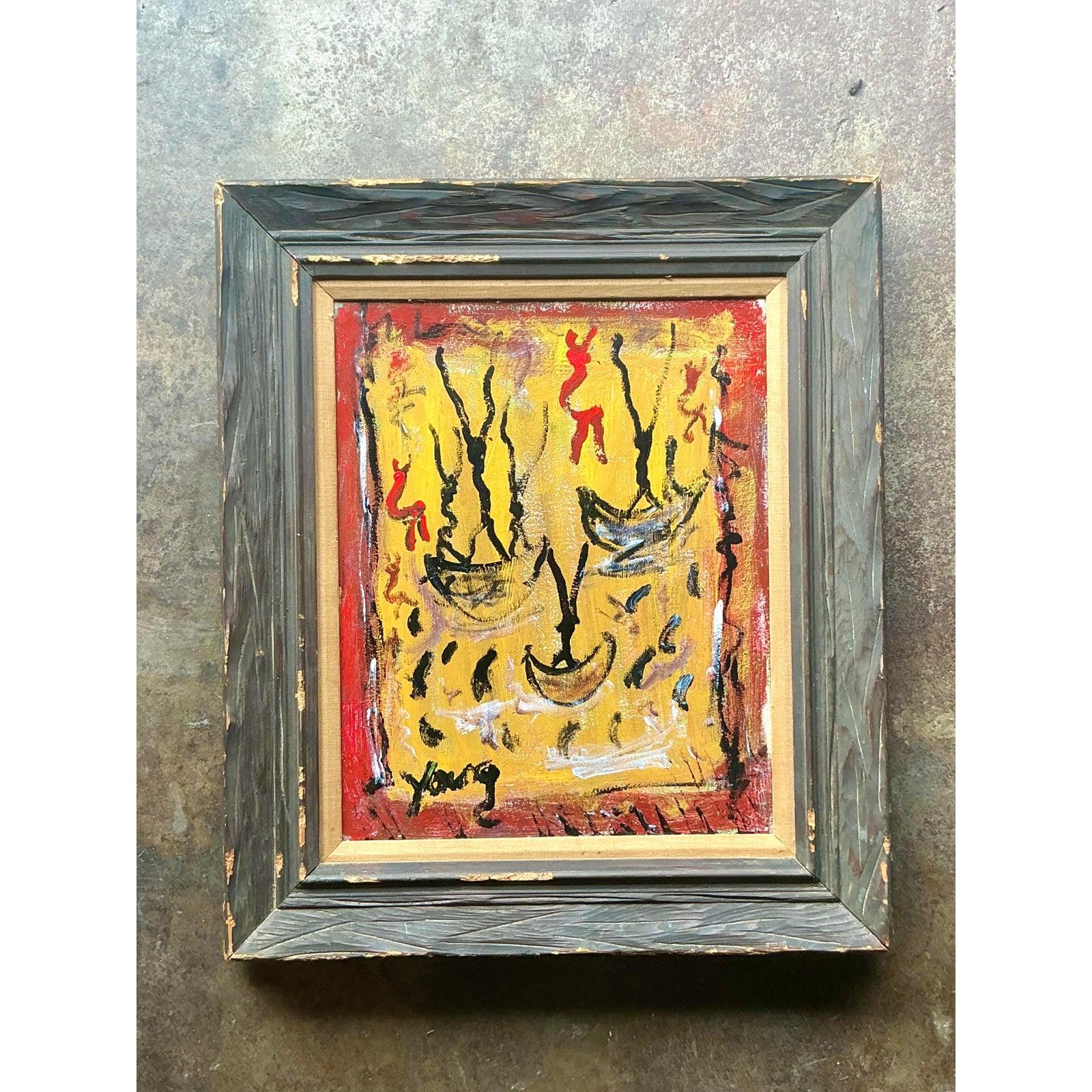 Vintage Boho Purvis Young Abstract Figurative Oil on Canvas (amerikanisch) im Angebot
