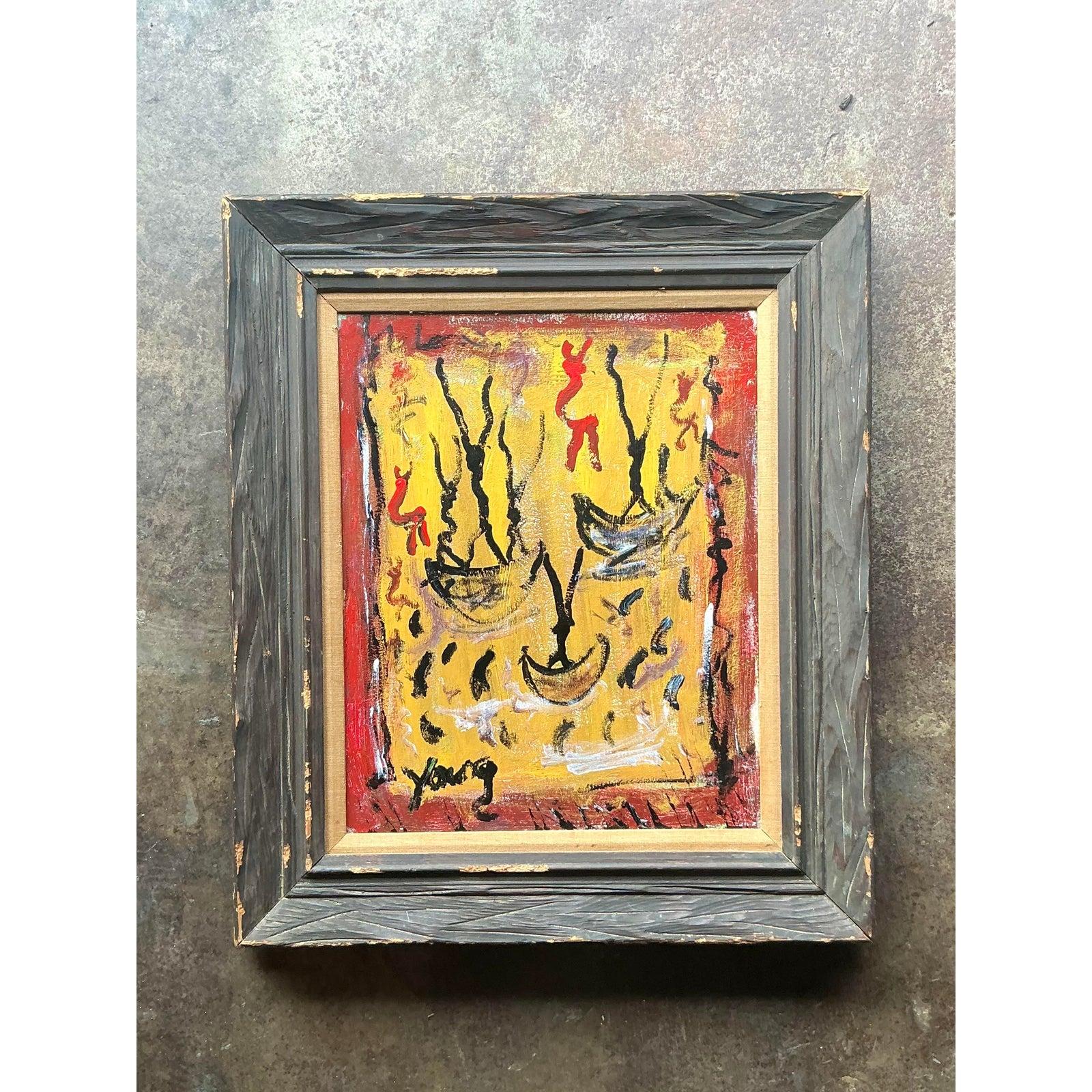 Vintage Boho Purvis Young Abstract Figurative Oil on Canvas im Zustand „Gut“ im Angebot in West Palm Beach, FL