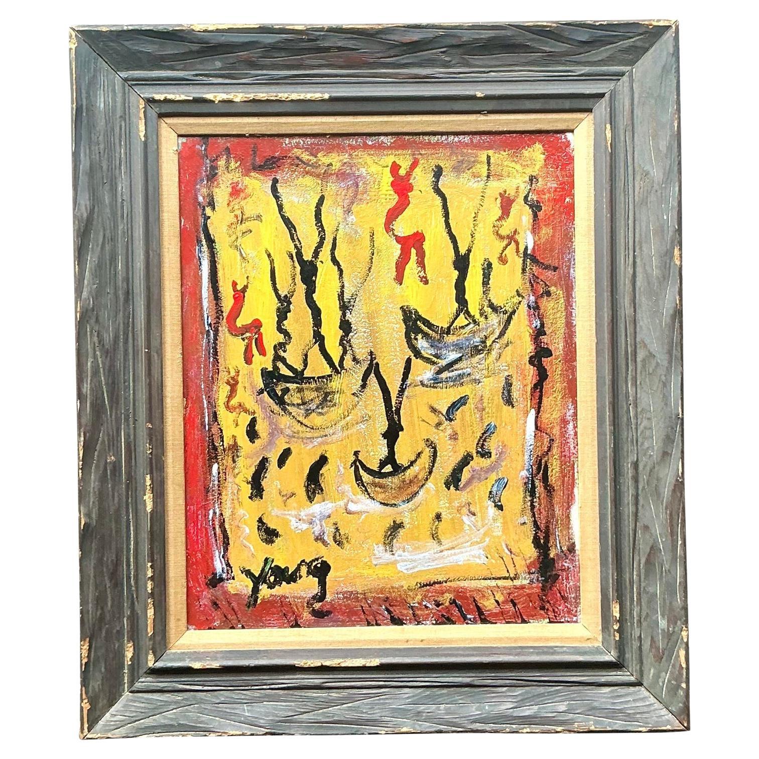 Vintage Boho Purvis Young Abstract Figurative Oil on Canvas