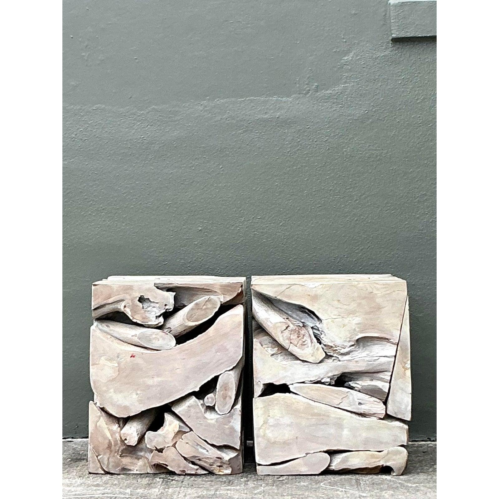 Américain Tabourets bas en bois vintage avec puzzle - une paire en vente