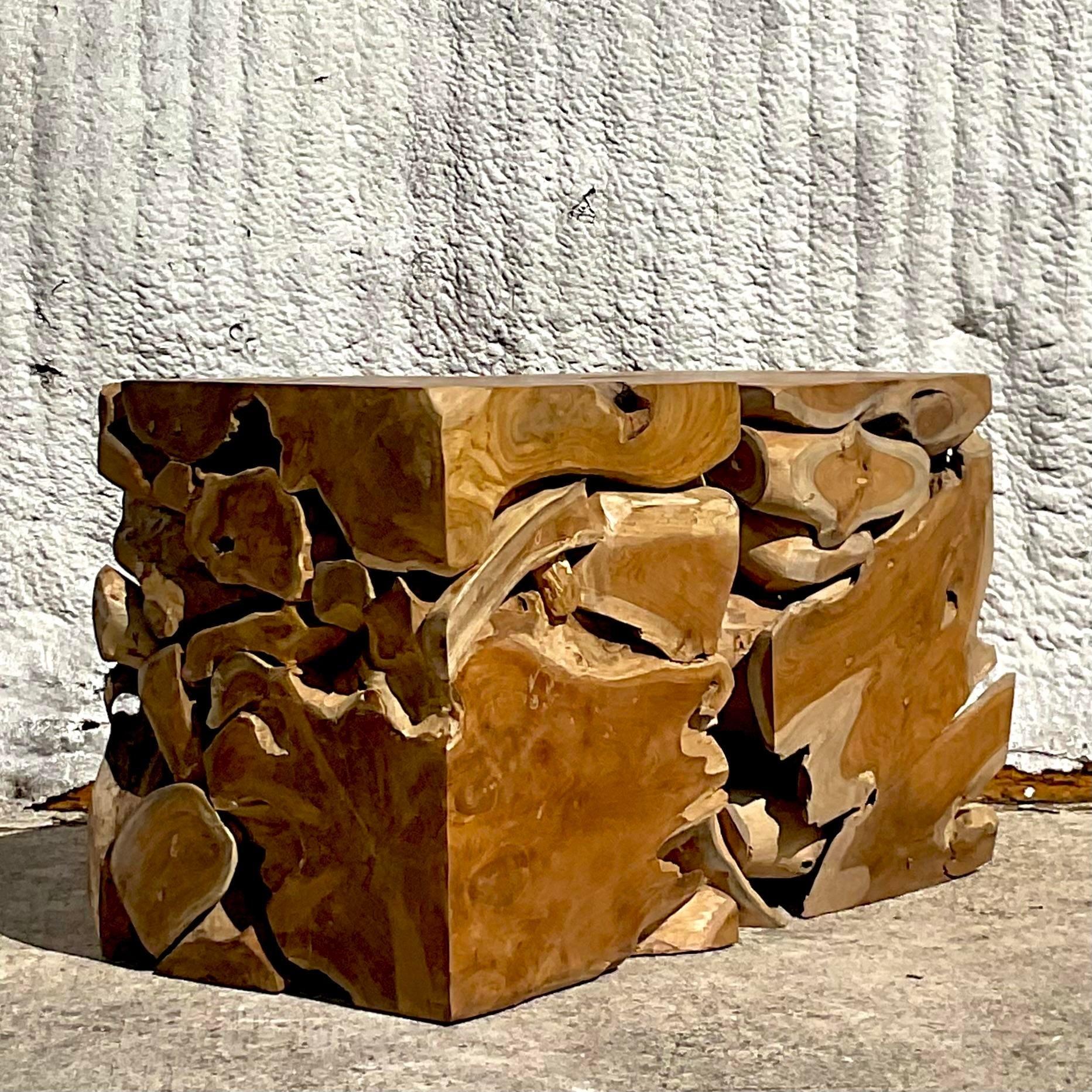 Mid-Century Modern Vintage Boho Puzzle Wood Slow Stools - a Pair For Sale