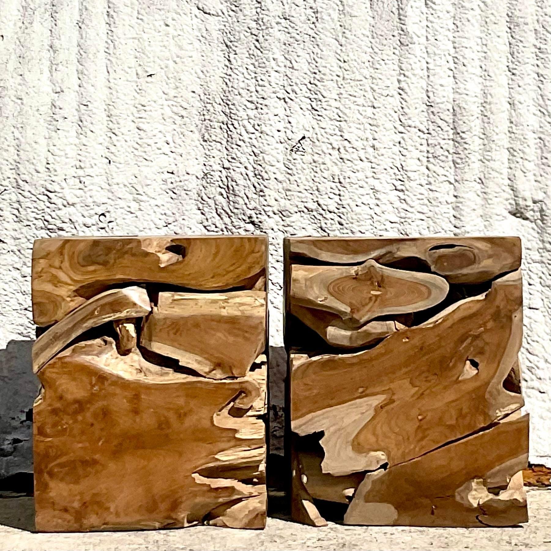 Vintage Boho Puzzle Wood Slow Stools - a Pair In Good Condition For Sale In west palm beach, FL