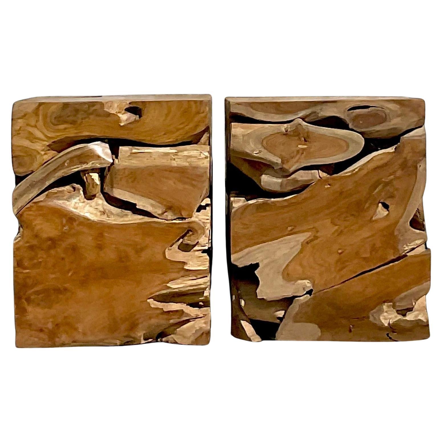 Vintage Boho Puzzle Wood Slow Stools - a Pair