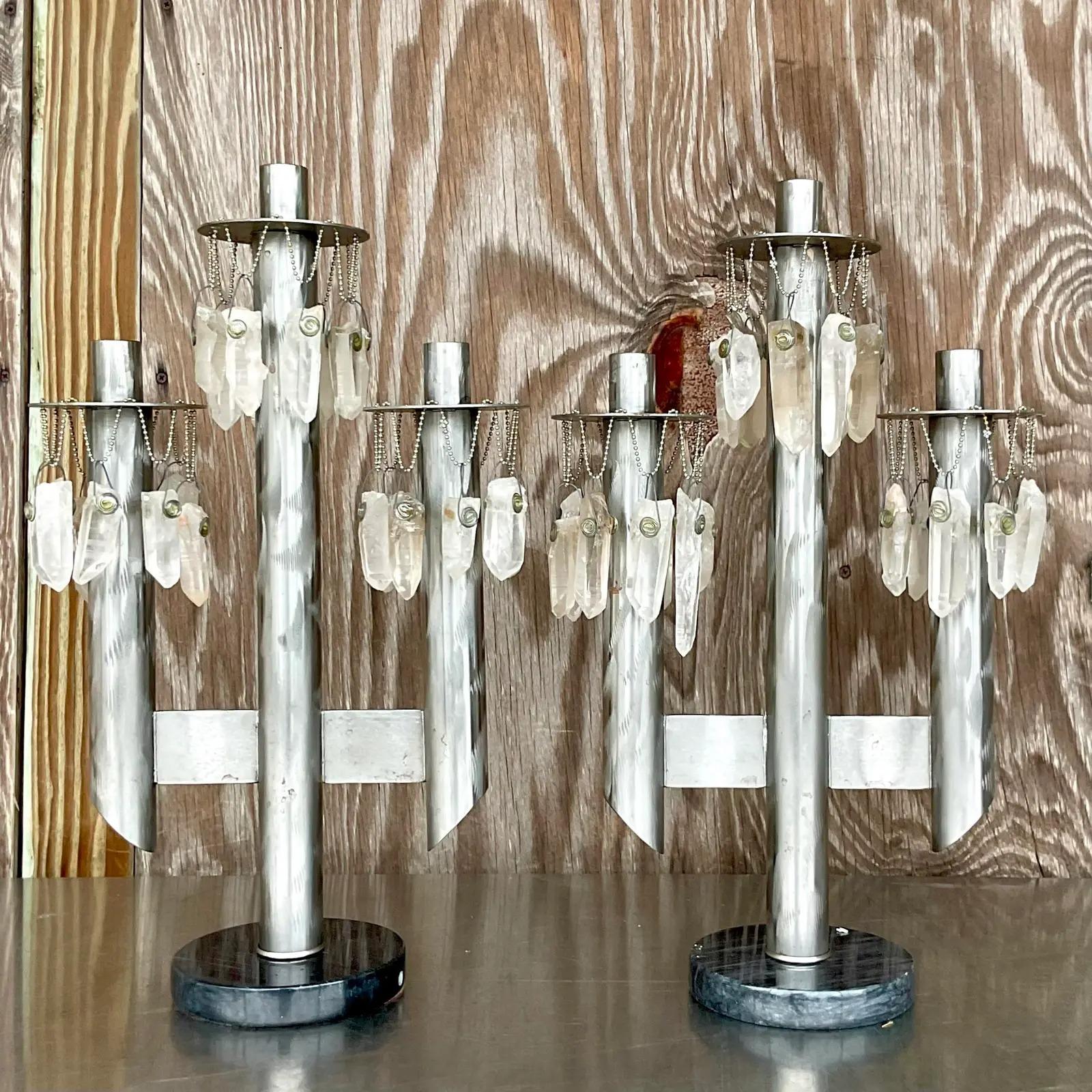 Vintage Boho Quartz Crystal Candelabras, a Pair In Good Condition For Sale In west palm beach, FL