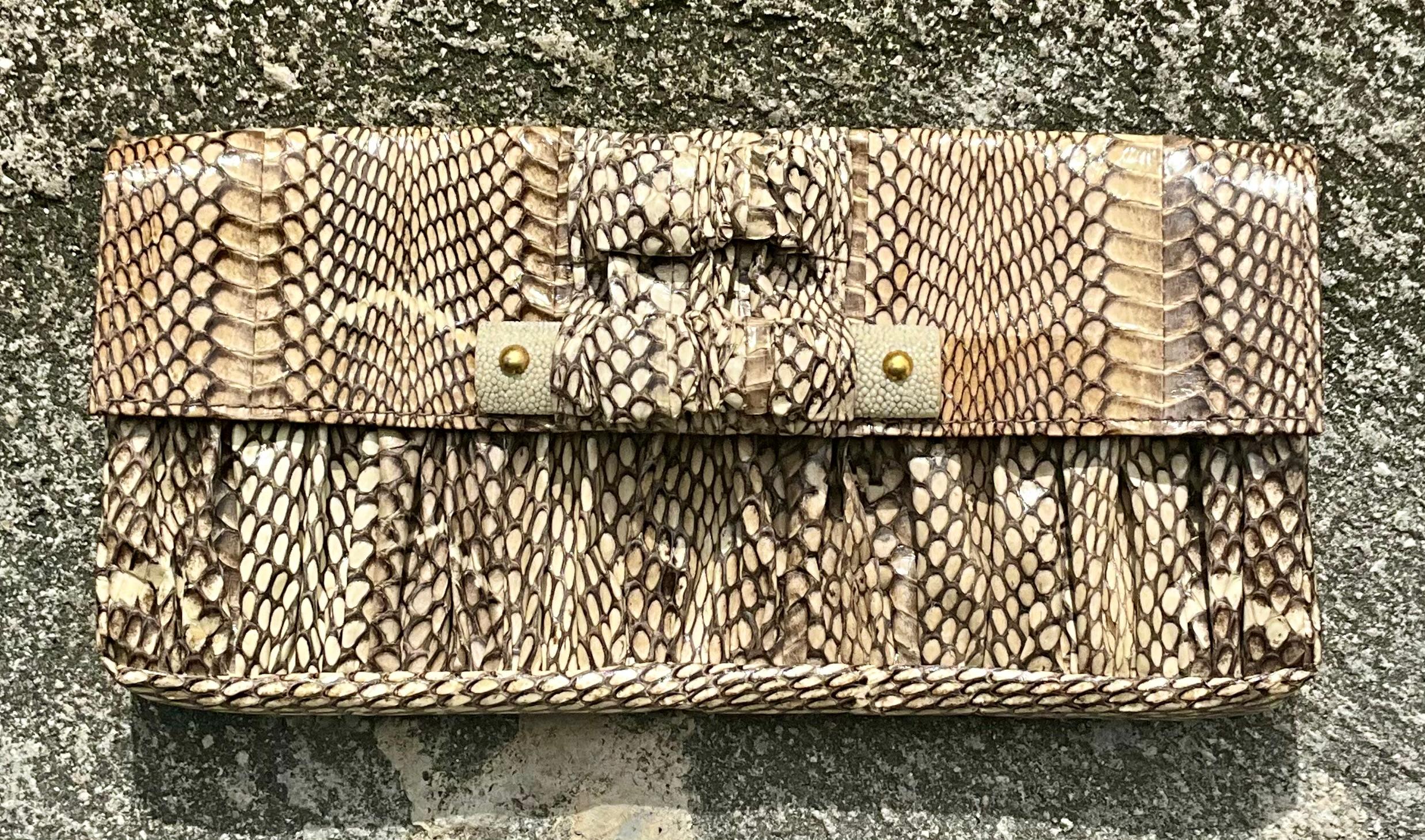 Beige Vintage Boho R & Y Augousti Snake Skin Clutch Purse For Sale