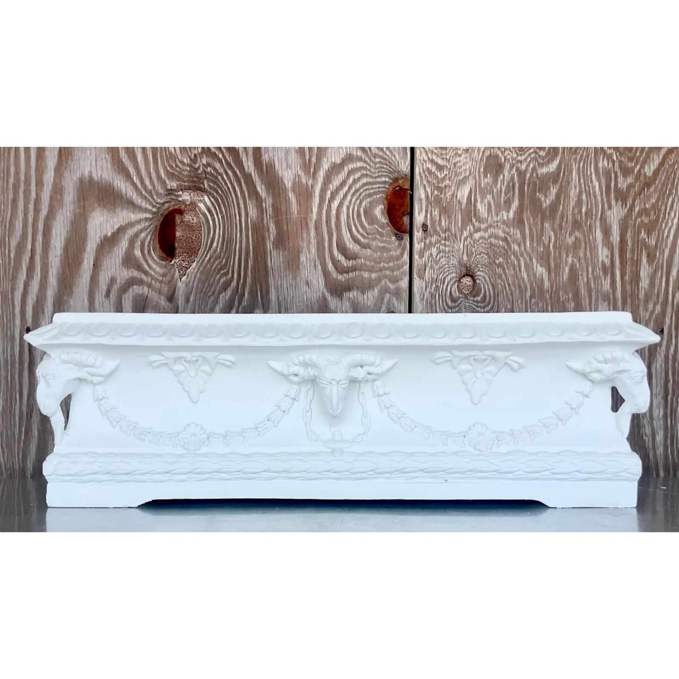 A fabulous vintage Boho planter box. A chic molded fiberglass in a matte plaster white finish. Perfect as is or paint to suit your project. Two boxes available on my Chairish page. Acquired from a Hobe Sound estate