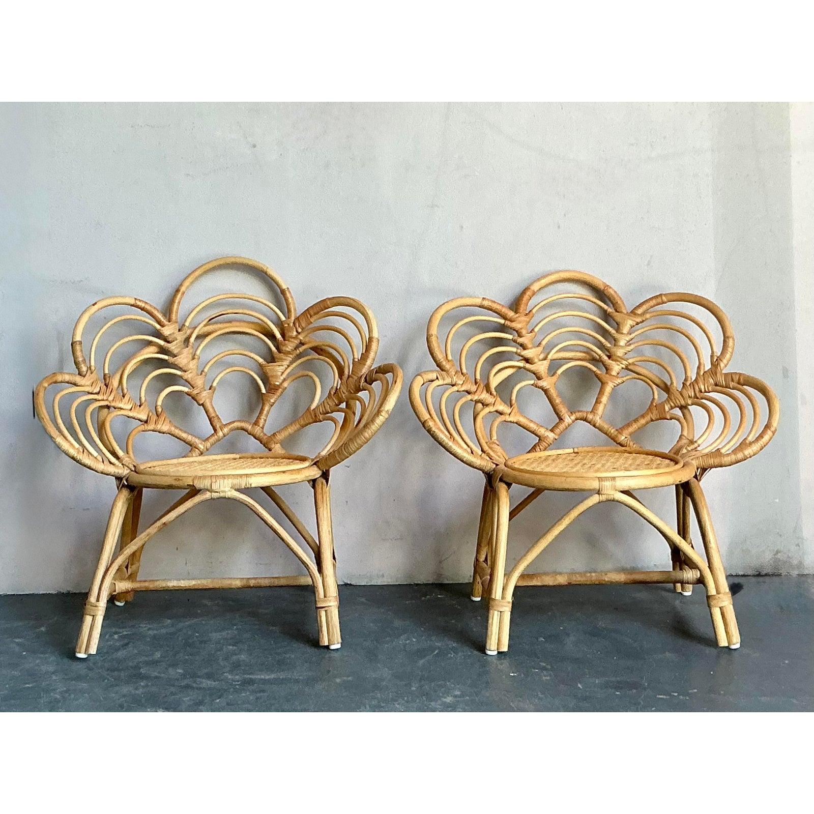 Ti presentiamo una deliziosa coppia di sedie per bambini in rattan vintage, squisitamente disegnate con un affascinante motivo floreale che incarna l'eleganza libera del Boho Chic. Ogni sedia è una testimonianza di abilità artigianale, con un rattan