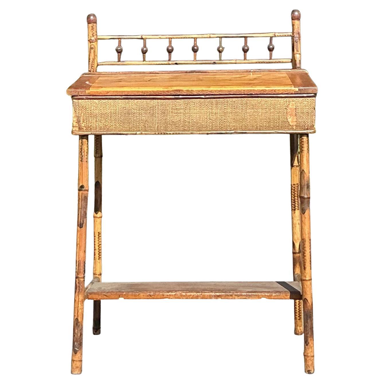 Vintage Boho Rattan Lift Top Desk