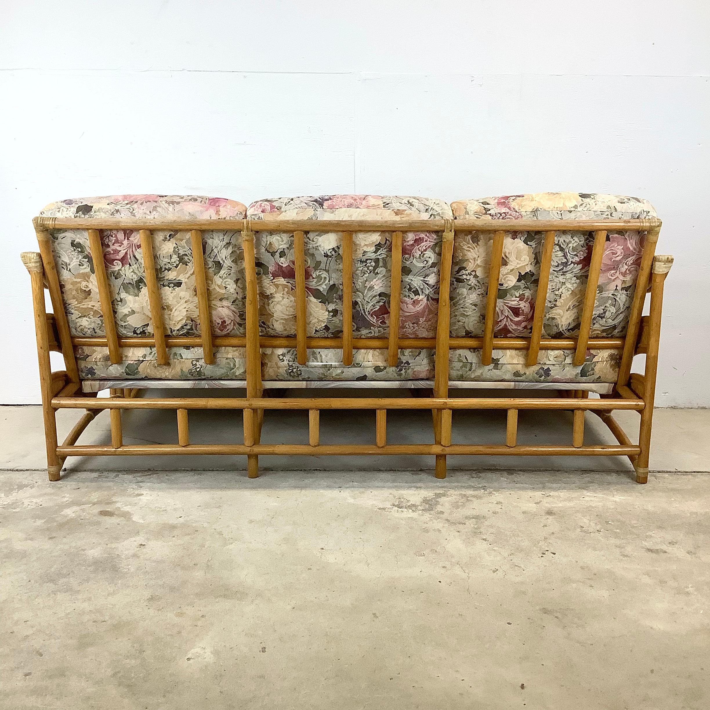 Vintage Boho Rattan Sofa With Floral Upholstery 3