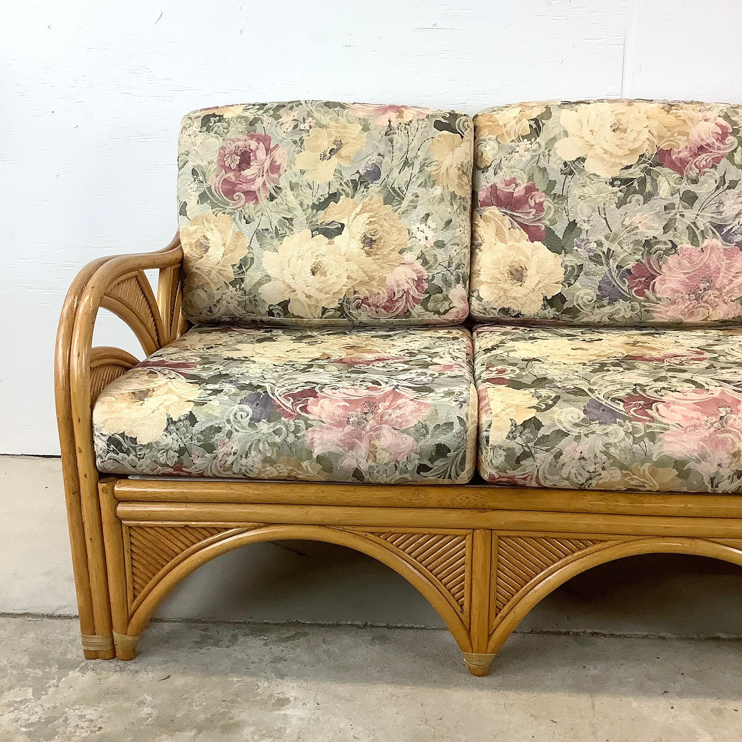 Unknown Vintage Boho Rattan Sofa With Floral Upholstery