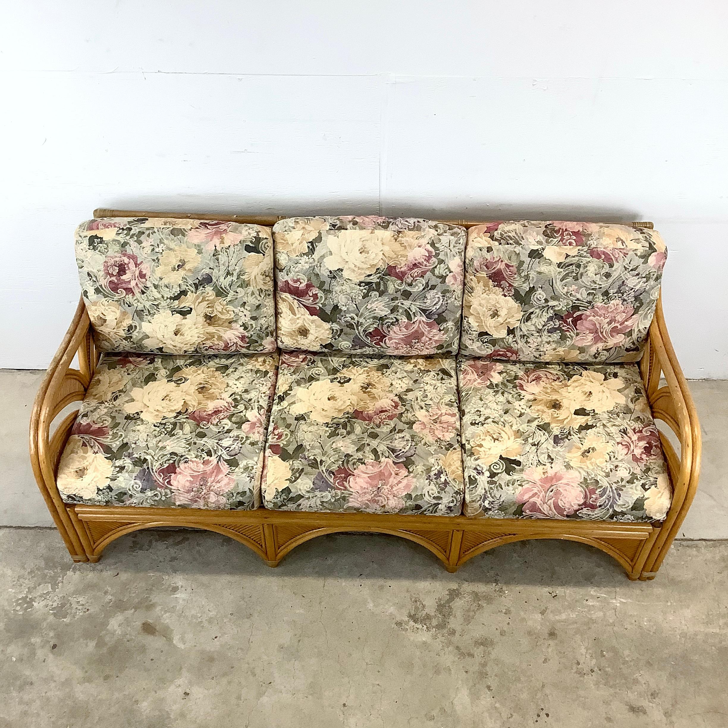Other Vintage Boho Rattan Sofa With Floral Upholstery