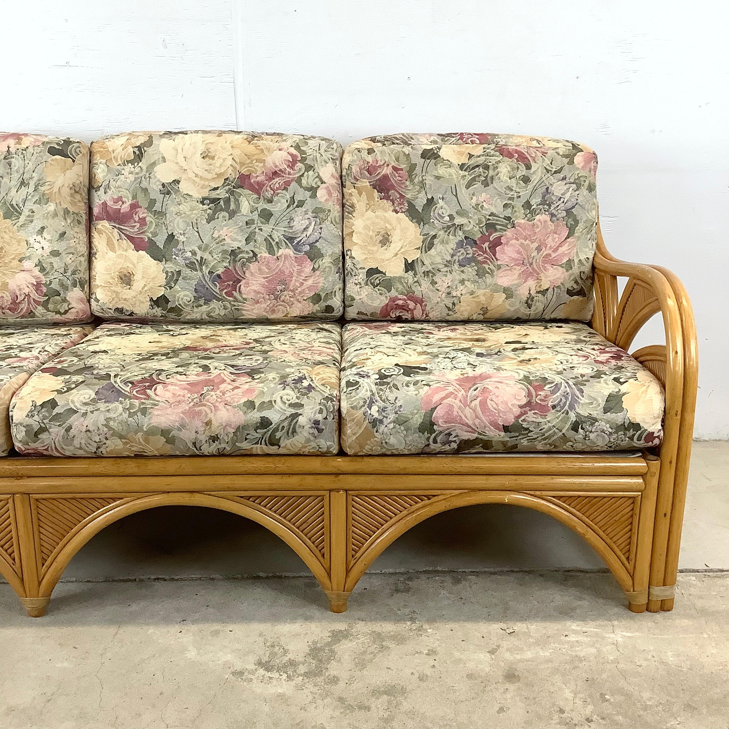 Vintage Boho Rattan Sofa With Floral Upholstery In Good Condition In Trenton, NJ