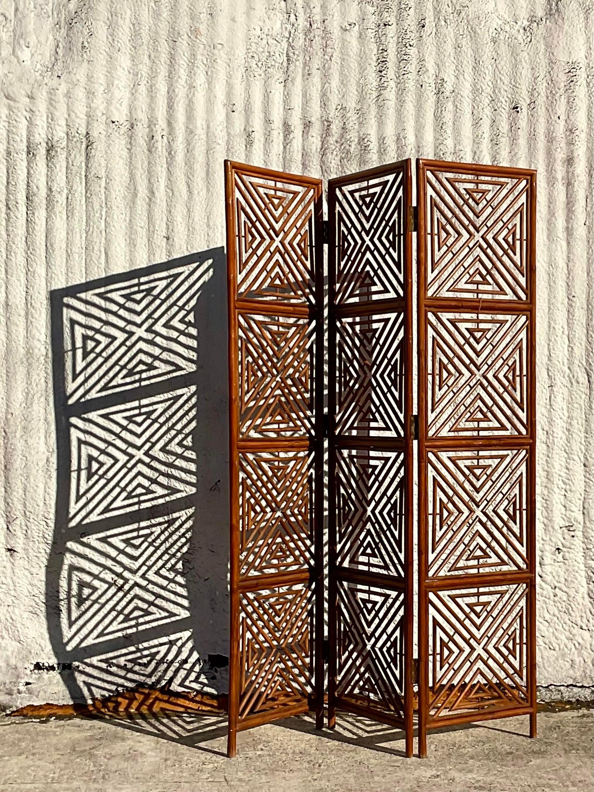 Vintage Boho Rattan Square Outline Screen In Good Condition For Sale In west palm beach, FL