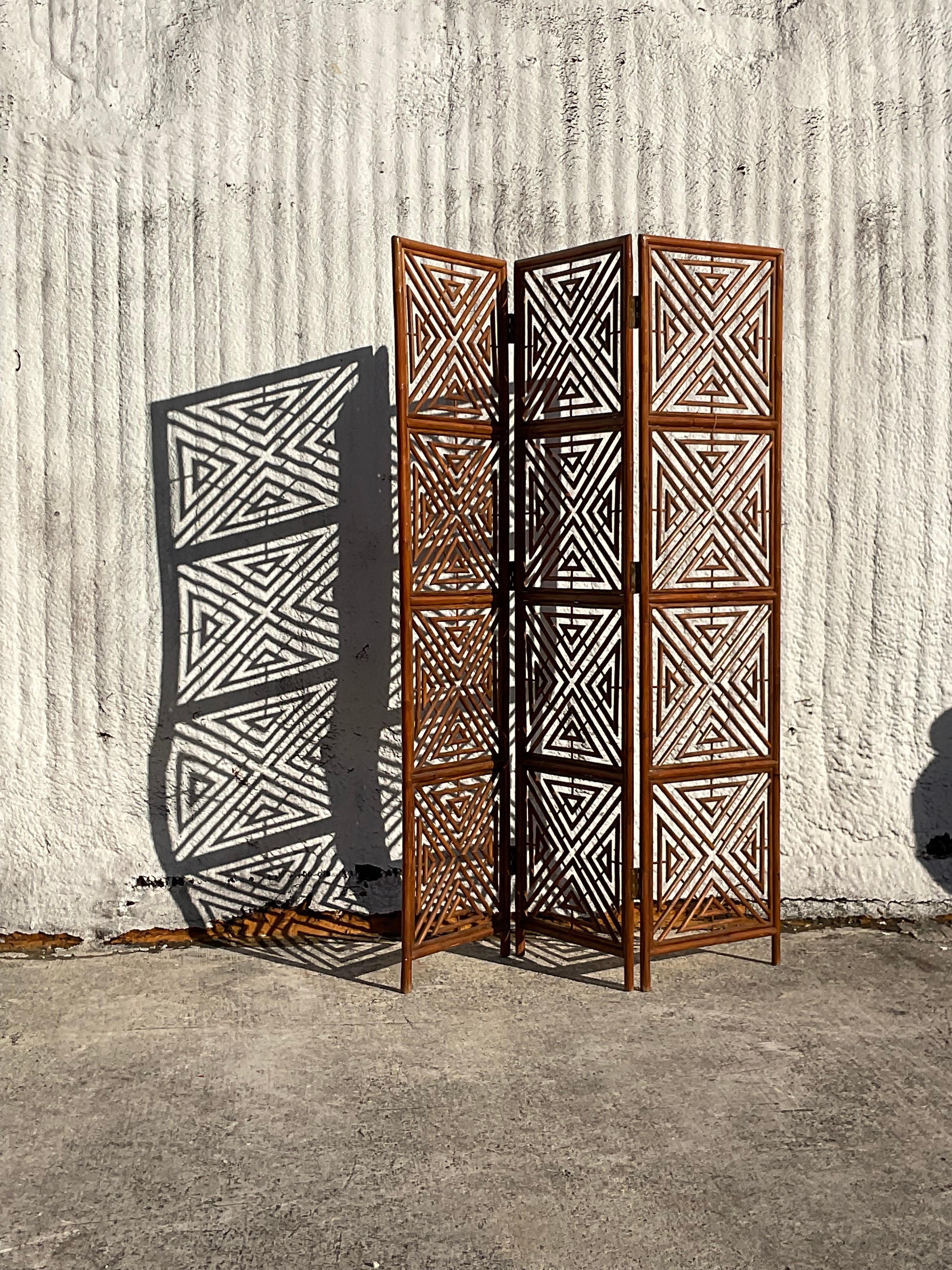 20th Century Vintage Boho Rattan Square Outline Screen For Sale