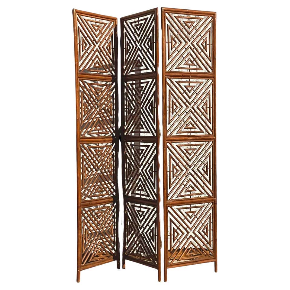 Vintage Boho Carved Teak Folding Screen For Sale at 1stDibs