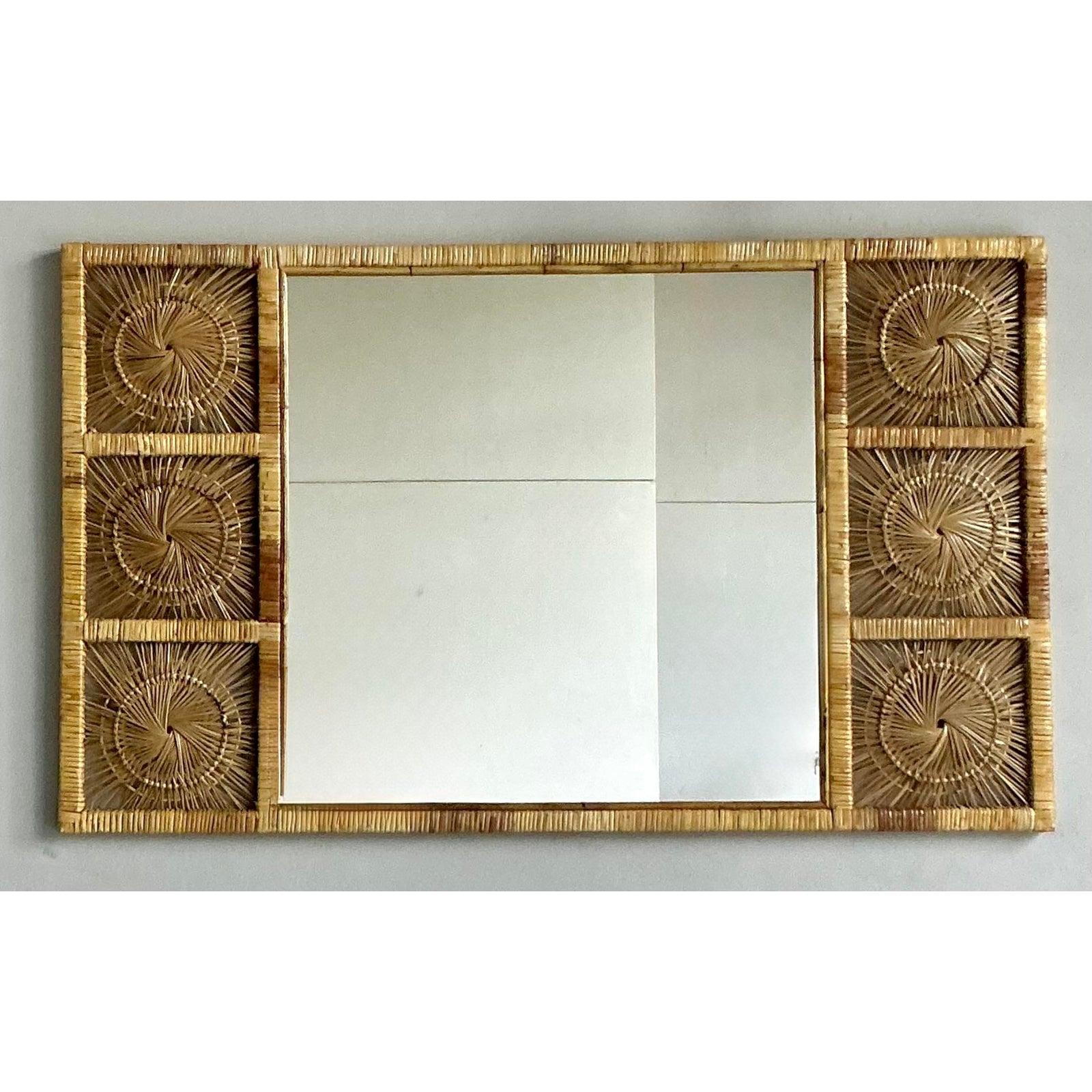 Rotin Miroir en rotin vintage Boho Sunburst en vente