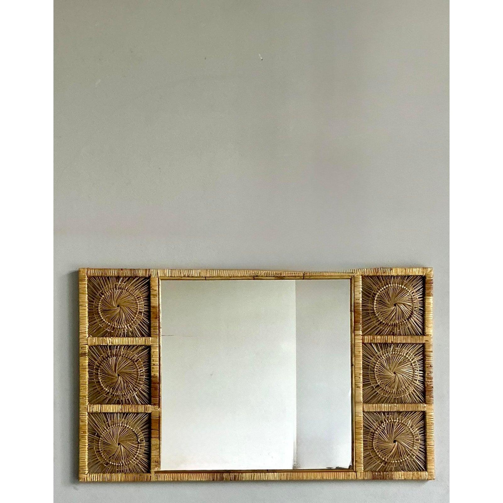 Miroir en rotin vintage Boho Sunburst en vente 1